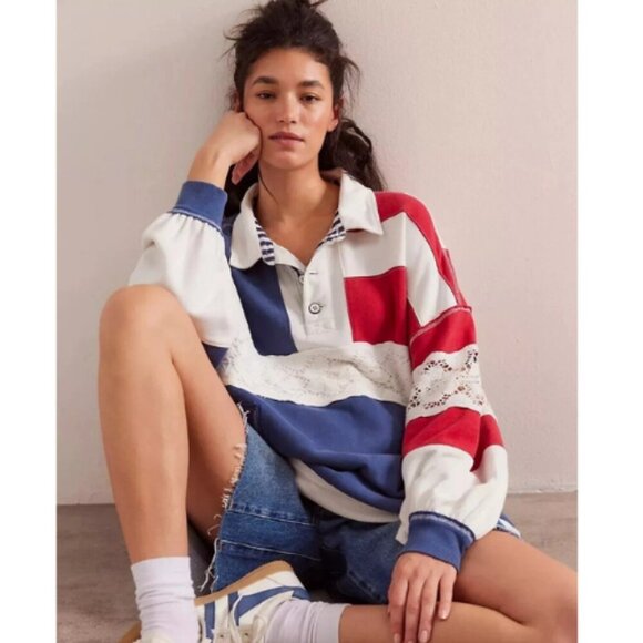 Free People  American Dream Polo - Red, Blue, Cream Small 2355 - Picture 2 of 10
